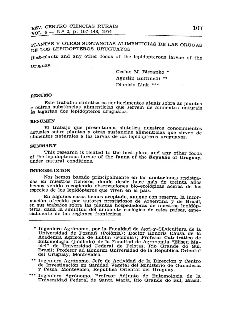 First page of the article “Plantas y otras sustancias alimenticias de las orugas de los lepidópteros uruguayos” (C. M. Biezanko, A. Ruffinelli & D. Link, 1974)